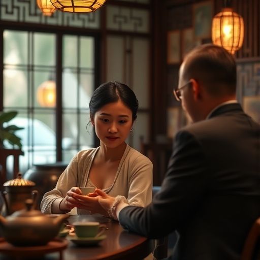 茶艺师与客人亲切交流的画面