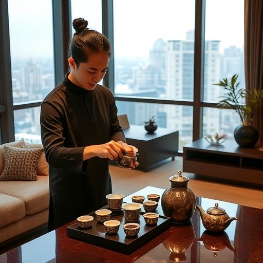 茶艺师在现代公寓泡茶