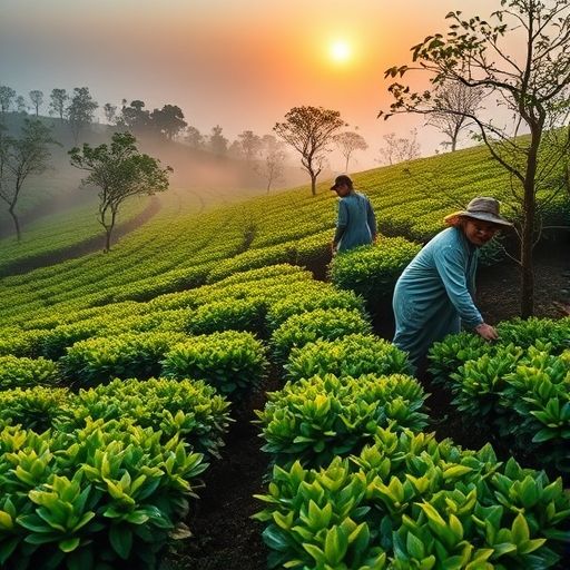 广州茶园清晨采茶景象
