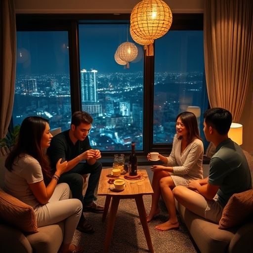 朋友夜间品茶聚会