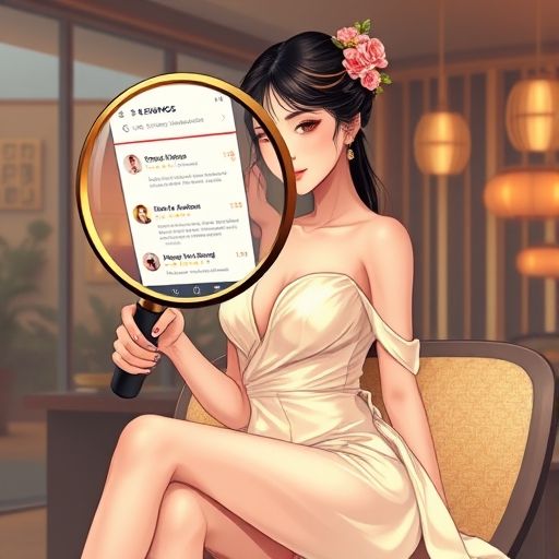 用放大镜仔细查看手机上关于茶馆的评价信息，强调辨别真伪