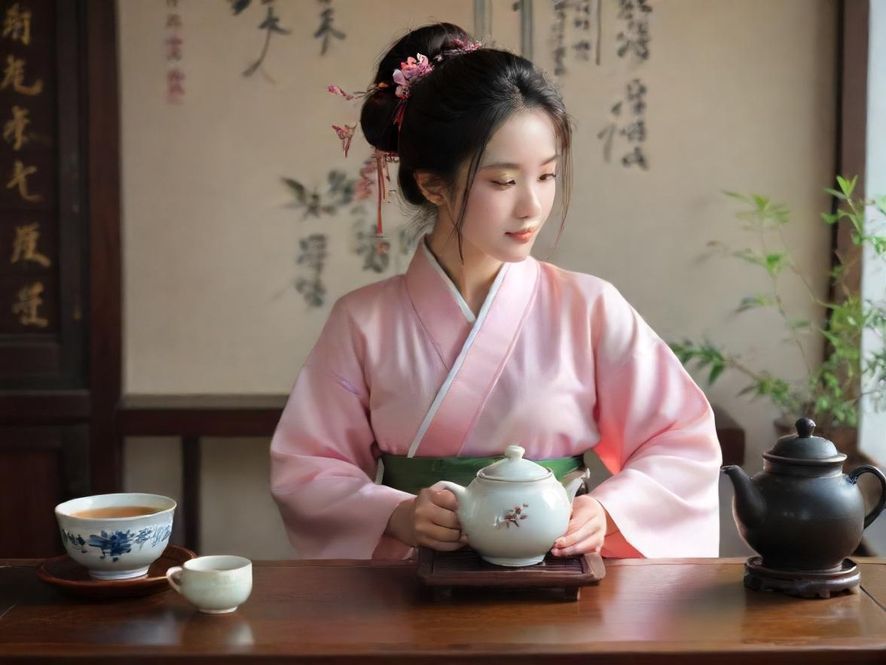 一位年轻女性在广佛一间充满设计感的茶馆里，手持茶杯，享受着宁静的午后时光。柔和的灯光洒落在她身上，营造出一种温馨而治愈的氛围。