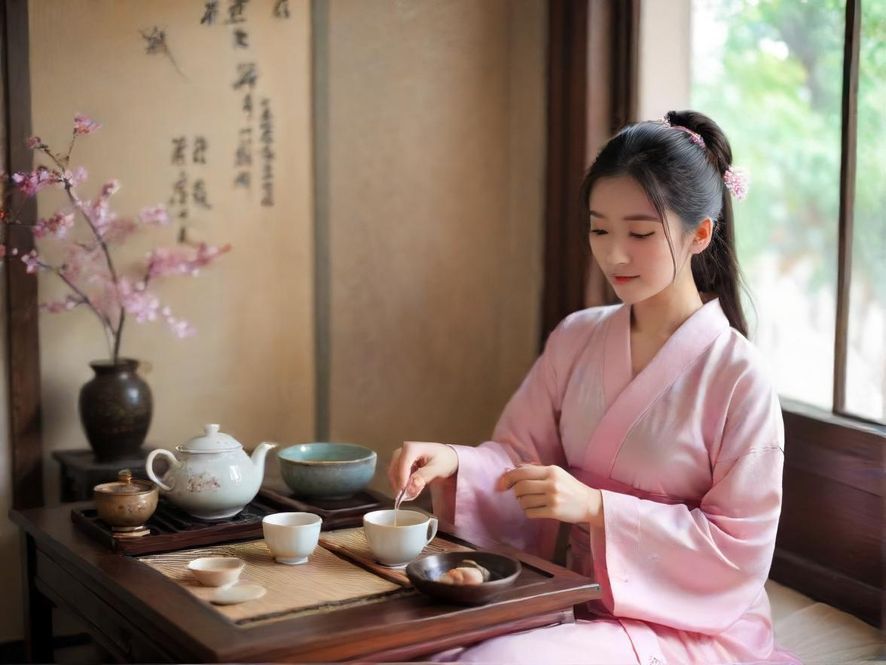 一位气质优雅的女性在温馨的茶室中品尝香茗，享受片刻宁静。