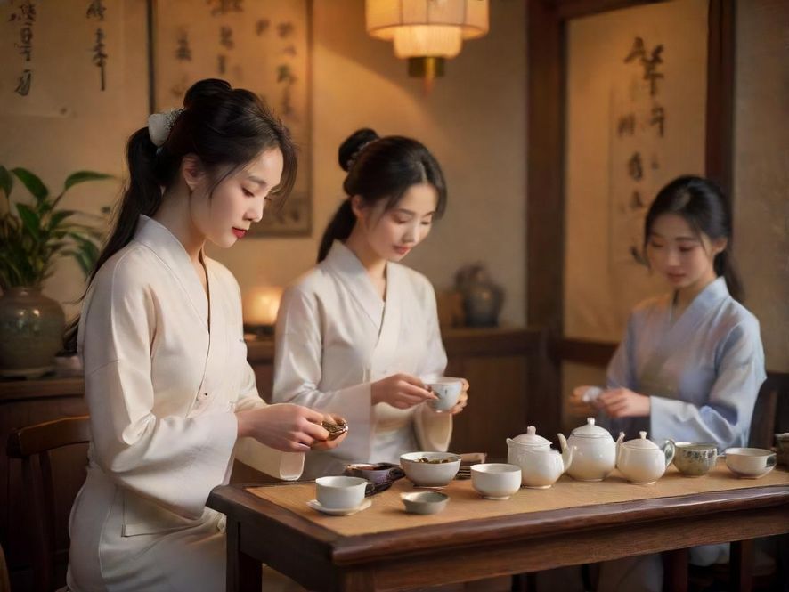 一位专业的茶艺师在温馨私密的茶室中，为客人精心冲泡高端茶叶，动作优雅，茶香四溢。
