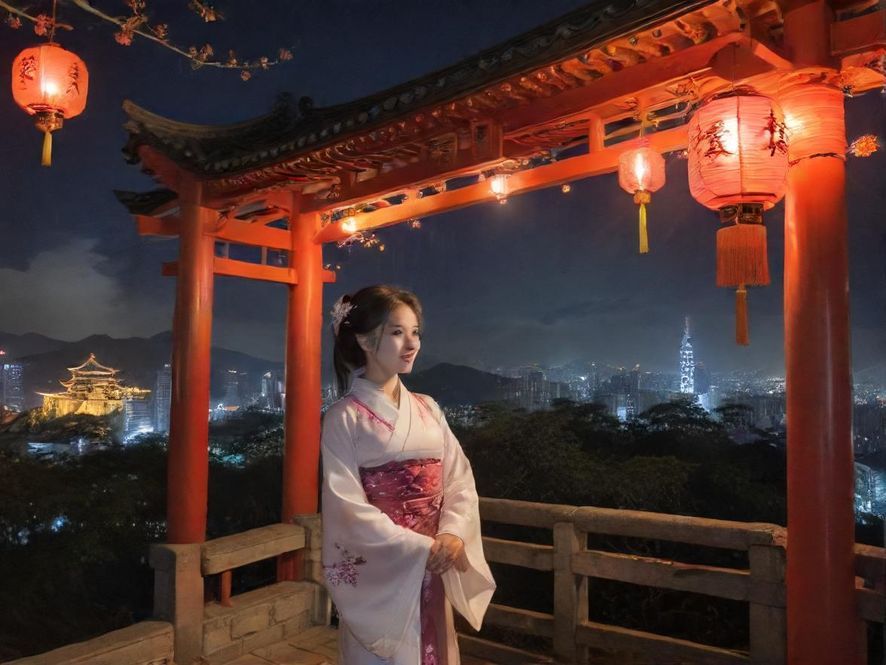从高楼俯瞰的都市夜景，五光十色的霓虹灯光勾勒出繁华的城市天际线，车流如织，展现出都市夜晚的活力与魅力。