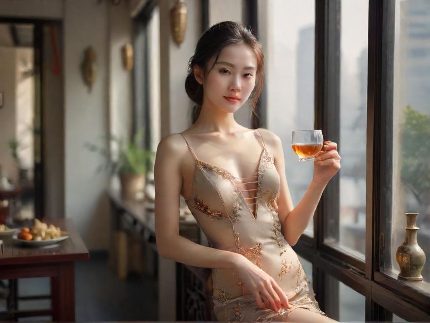 深圳高端茶室的精致茶点，摆盘如艺术品，搭配着清新的花草，背景是落地窗外的城市夜景，营造出轻松惬意的休闲氛围。
