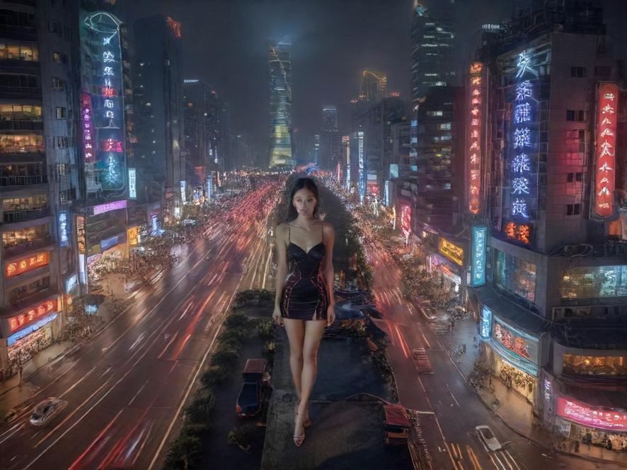 佛山夜晚繁华的街景，高楼林立，霓虹闪烁，车水马龙，展现出都市夜生活的活力与魅力。