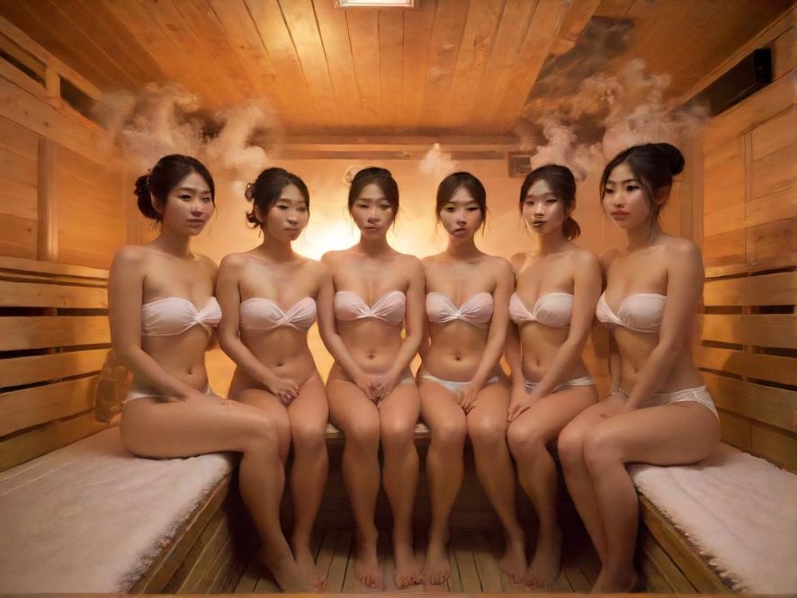 一间宽敞明亮的桑拿房，木质结构和柔和灯光营造出舒适感，蒸汽在空气中弥漫。