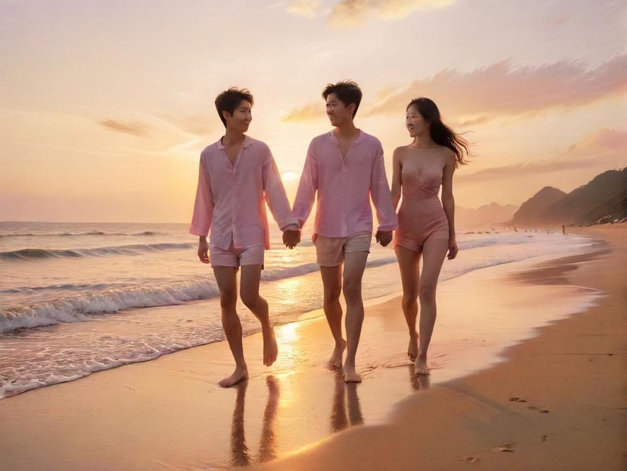 一对情侣在亚洲湾的沙滩上漫步，夕阳将他们的背影拉长，画面唯美而浪漫。