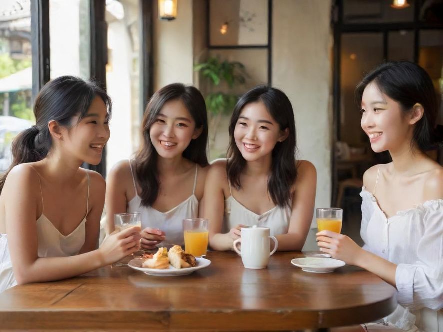 一群年轻女性围坐在咖啡馆里，面带微笑，轻松愉快地交谈着，展现出和谐的社交氛围。