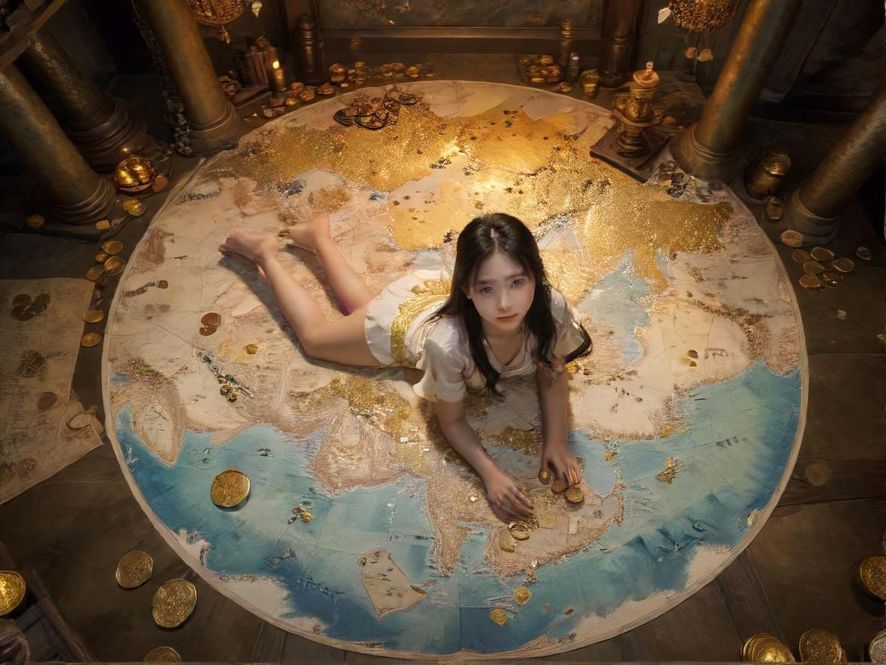 一张古老的羊皮卷地图，上面标注着全国各地的城市，并有闪光的金币散落在地图周围，营造出一种寻宝的神秘感。