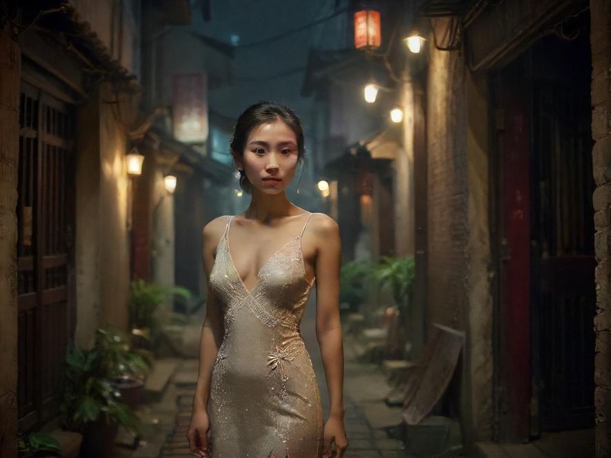 广州石牌村夜晚街头，灯光朦胧，人影绰绰