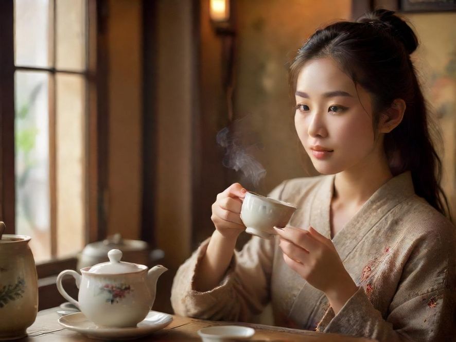 一位优雅的女性在温馨的茶室中品味香茗，展现对品质生活的追求。