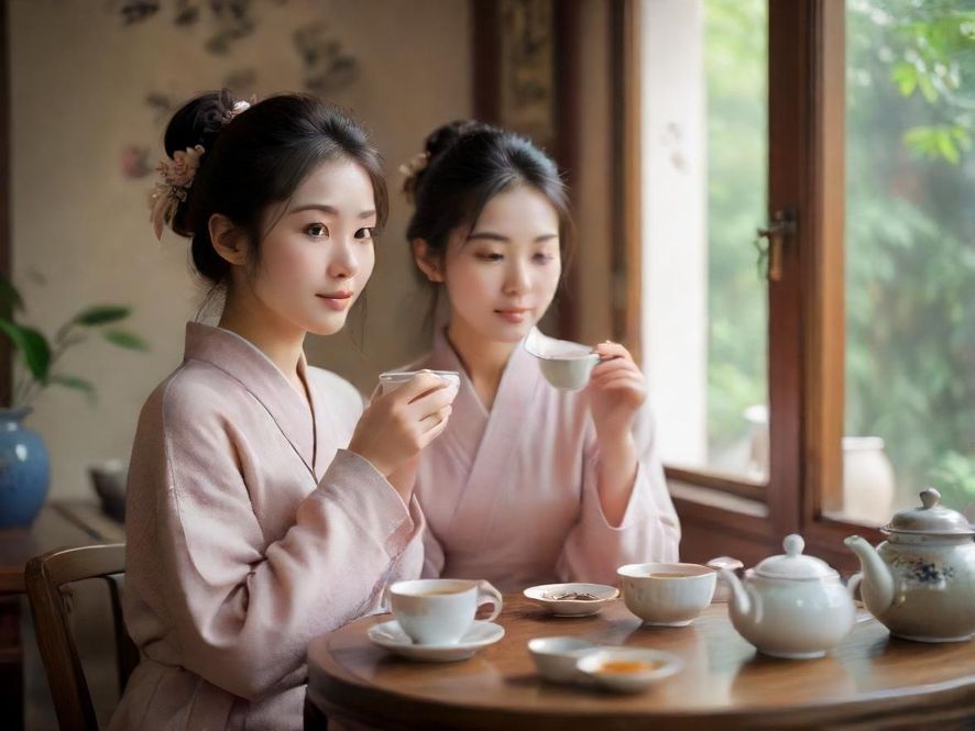深圳龙华一处温馨雅致的茶室，一位女士正在静心品茶，氛围宁静放松。