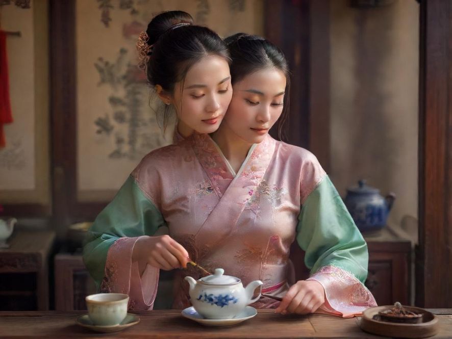 茶艺师在古风茶肆中优雅泡茶