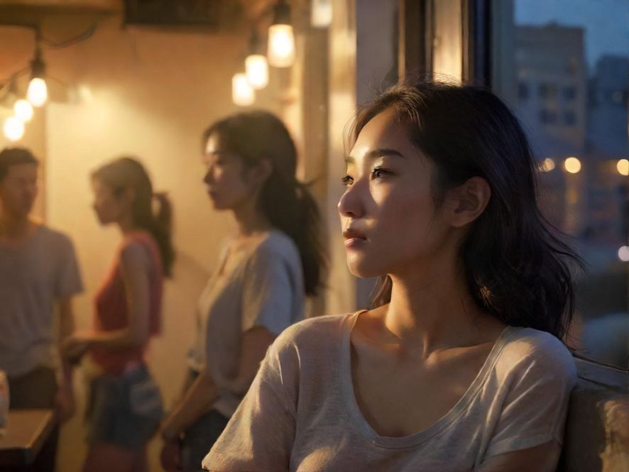 一位都市女性在广州街头，侧面视角，享受片刻的放松与宁静。