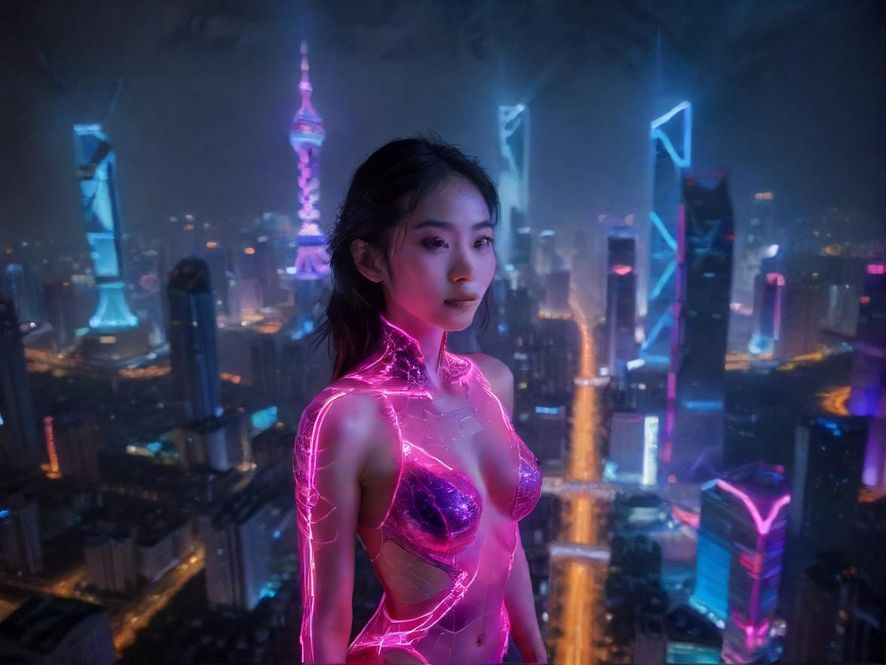 深圳夜景，霓虹灯闪烁，充满活力与神秘