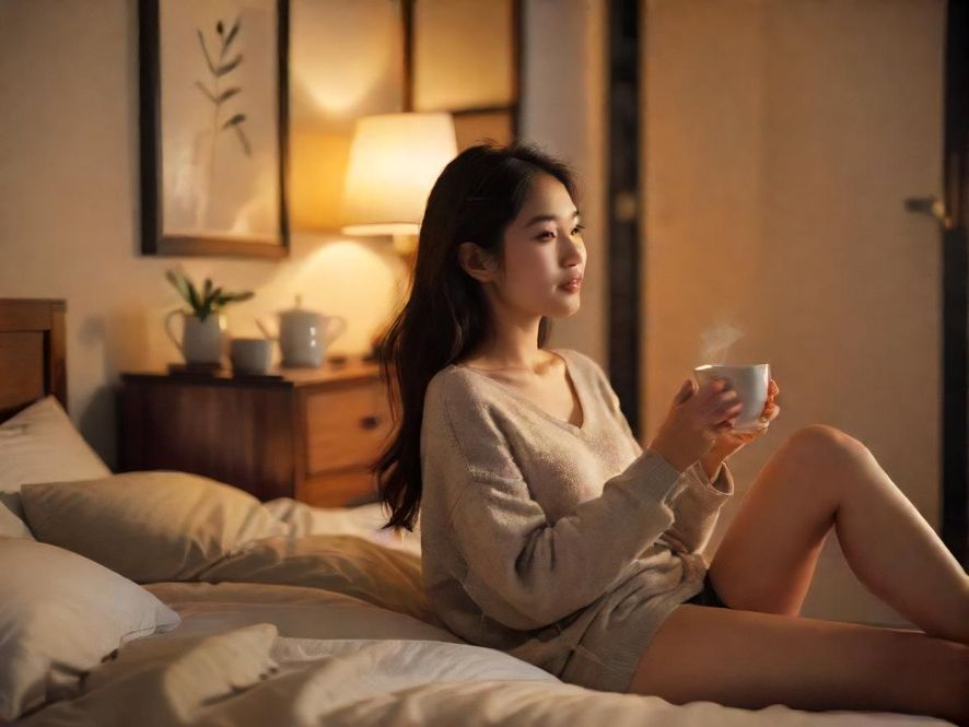 一位女士在深圳茶室中，侧面特写，表情轻松惬意，享受着温馨灯光下的宁静时刻。