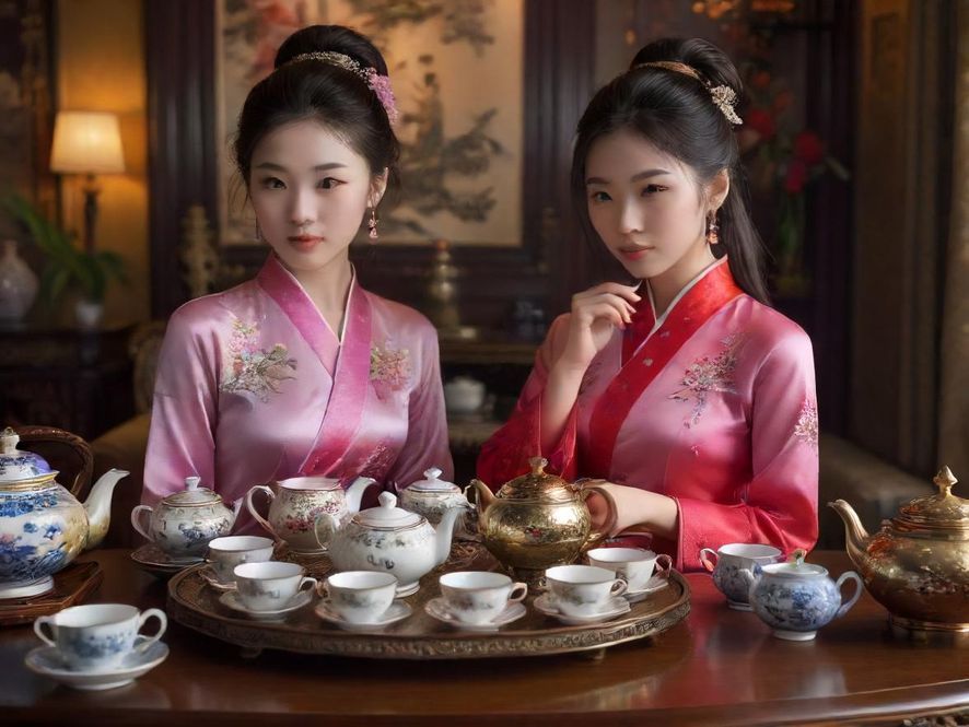 一套精美的高端茶具，细节之处彰显艺术品味，背景虚化呈现奢华感。