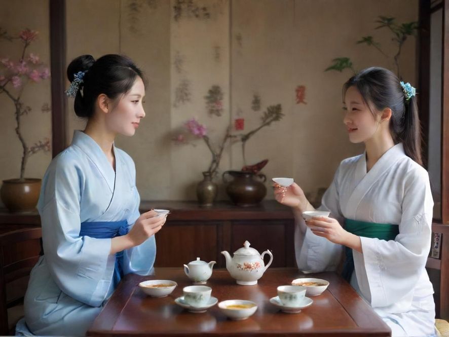 雅致的茶室一角，光线柔和，暗示私密休闲体验
