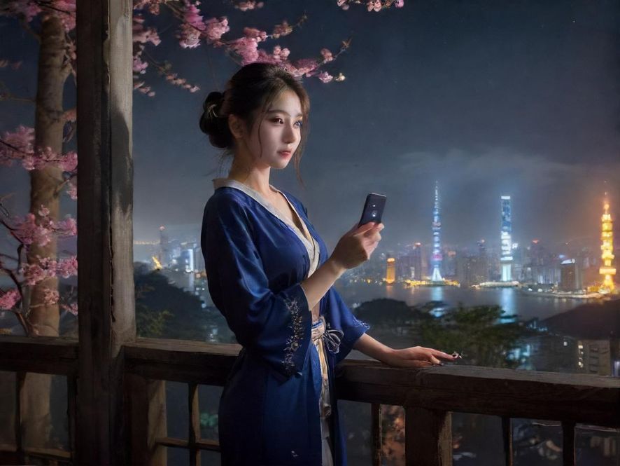 一个用户在手机上浏览论坛页面，背景是广州的夜景