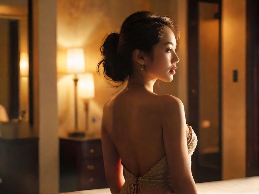 奢华包厢内,一位典雅女性的背影侧面特写,在柔和光线中尽显唯美。
