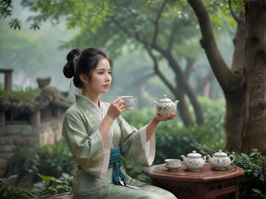 两位年轻女性在传统中式茶馆中面对面坐着，相视而笑，她们的表情轻松愉快，茶馆内部光线柔和，营造出一种温馨而宁静的氛围，远处是古色古香的背景。