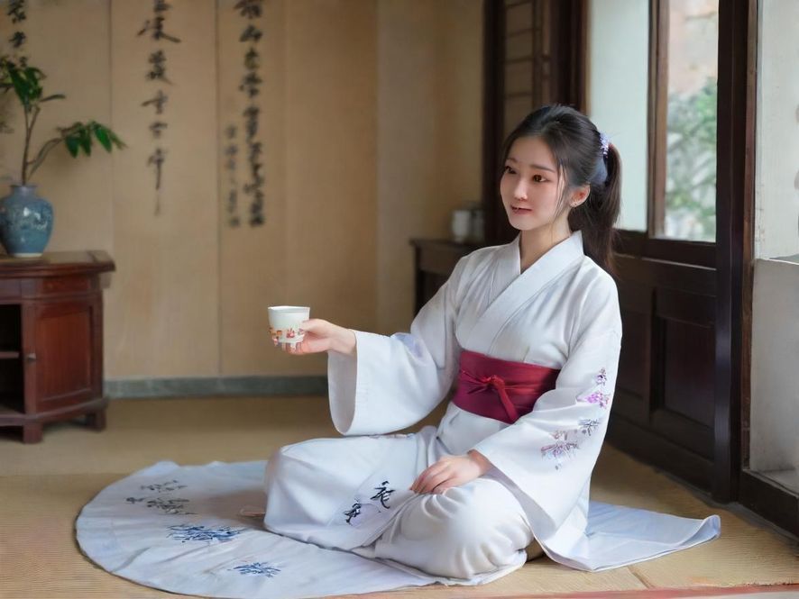 一位广州熟女在雅致茶室中品茗，侧面特写展现其知性魅力