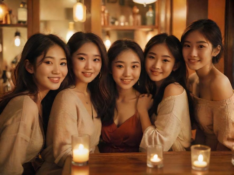 一群朋友在舒适的酒吧里欢声笑语,举杯畅饮,享受着轻松愉快的时光