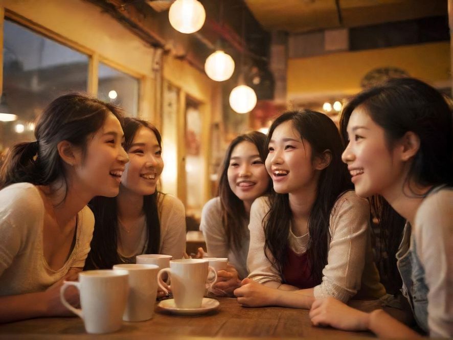 一群年轻人在深圳的咖啡馆里热烈交流，享受愉快的时光。