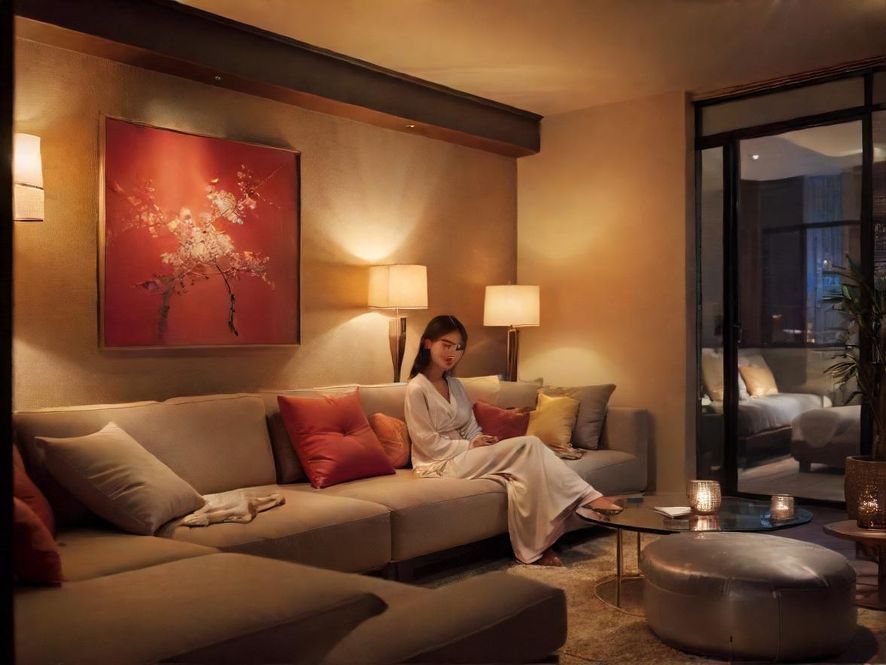 一间温馨舒适的休闲空间,柔和的灯光营造出宁静私密的氛围,让人身心放松。