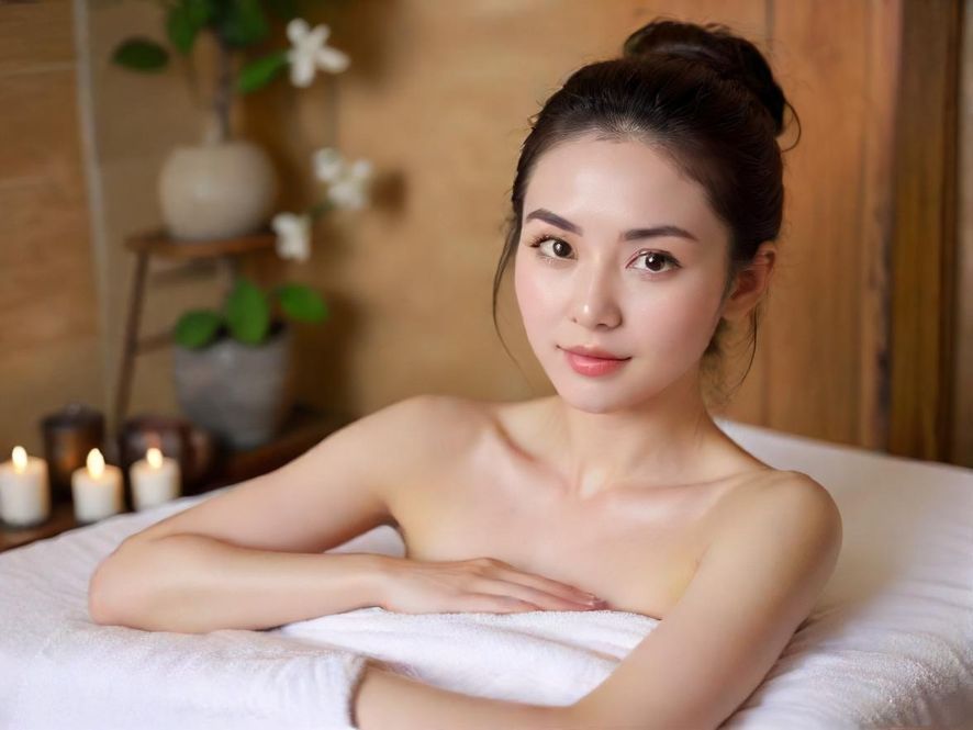 一位女性在温馨雅致的私人SPA会所中,背对镜头,闭目养神,享受着身心放松的宁静时刻。