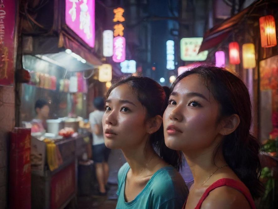 一个女孩在夜晚的深圳小巷中，品尝着地道的街头美食。