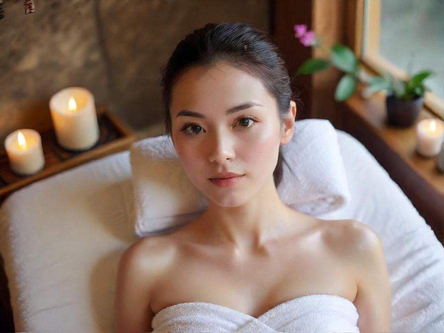 一位女性顾客在现代SPA会所享受放松的水磨按摩,俯视视角,柔和的灯光营造出温馨宁静的氛围。