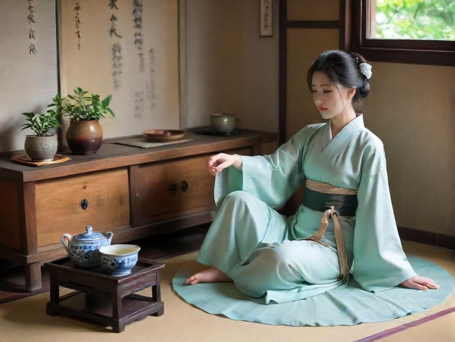 一位气质优雅的广州女子在温馨茶室中品茶