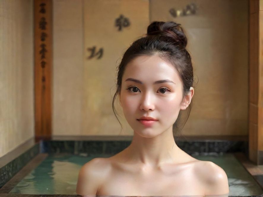 一个豪华而宁静的SPA水疗中心,从俯视角度展现。浴池中弥漫着温暖的蒸汽,池边摆放着鲜花和香薰蜡烛,柔和的灯光营造出极致放松的氛围。整个场景充满了舒适感和私密性,仿佛置身于一个与世隔绝的疗愈空间。