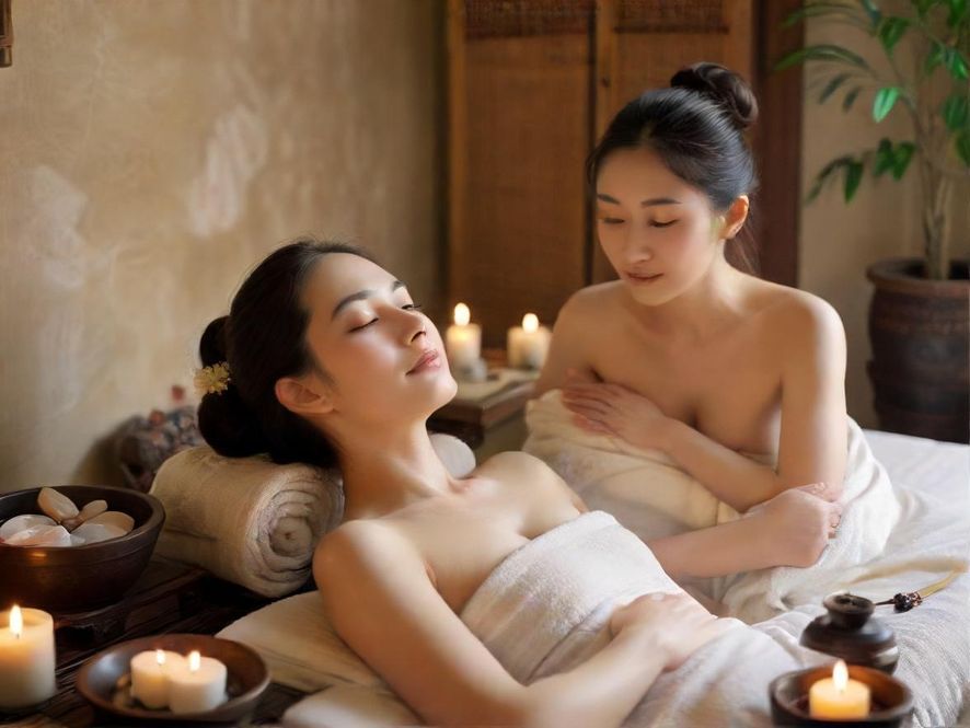 专业按摩师正在进行肩颈按摩的特写,展现精湛手法和舒适环境