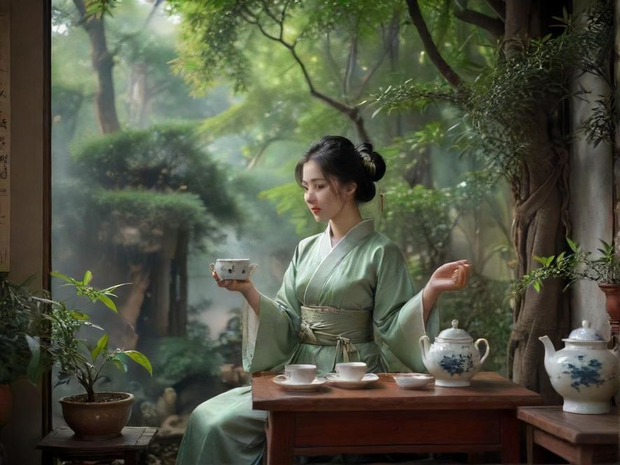 在古朴雅致的茶室中，一位女士轻啜香茗，享受着一品香论坛推荐的宁静时刻