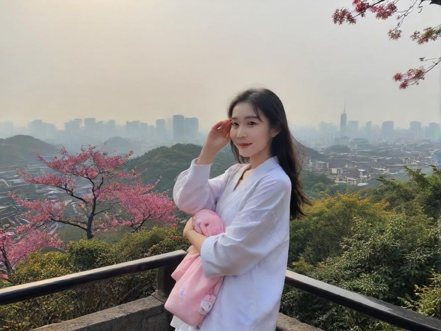 一位女士背影，坐在落地窗前，手持一杯饮品，凝望着窗外流光溢彩的广州城市夜景，享受着宁静而惬意的休闲时光，画面充满电影感。