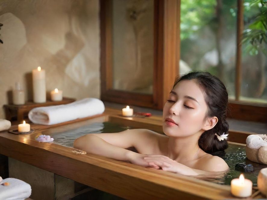 一位面部平静的女性享受着SPA,特写镜头下,柔和的光线和背景的绿植水景营造出治愈系的氛围。