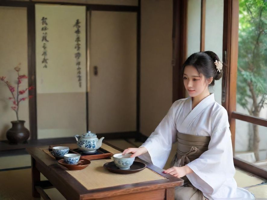 一位气质优雅的女士在广州典雅茶馆中品茶