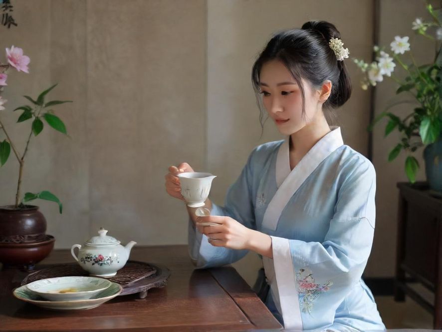 一位女士在私密会所的休闲茶座中,侧面特写,光线温暖柔和,氛围宁静雅致。