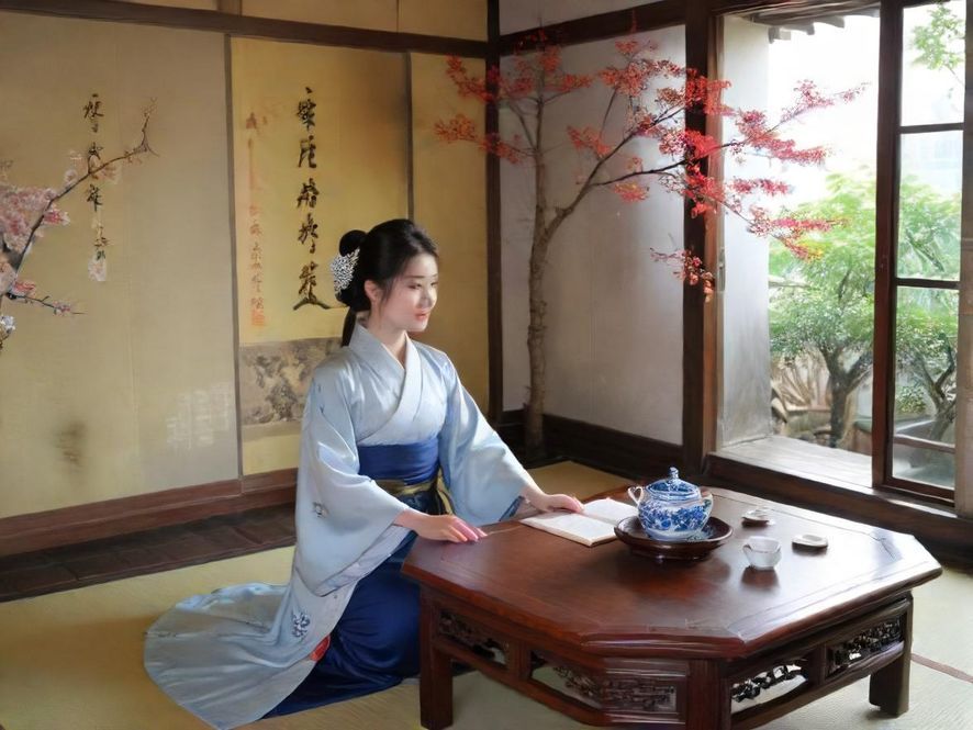 一个光线柔和、布置雅致的茶室角落，茶具摆放整齐，营造出宁静舒适的氛围，暗示着私密与放松。