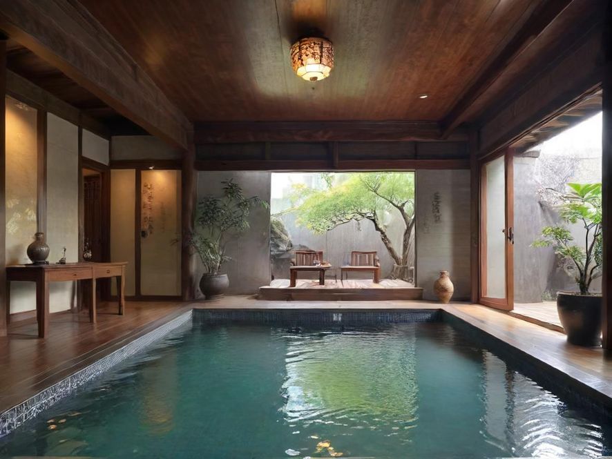 一间宽敞而宁静的高端水疗中心，柔和的灯光洒在精致的装饰和舒适的躺椅上，营造出奢华放松的氛围。