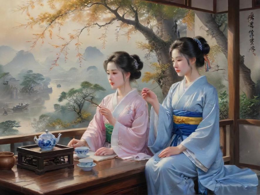 一位身着雅致旗袍的女性在古色古香的茶室中，静心品茗，窗外竹影摇曳，营造出一种宁静致远的氛围。